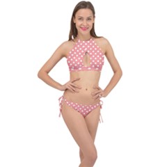 Coral And White Polka Dots Cross Front Halter Bikini Set by GardenOfOphir