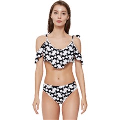 Playful Pups Black And White Pattern Ruffle Edge Tie Up Bikini Set	 by dflcprintsclothing