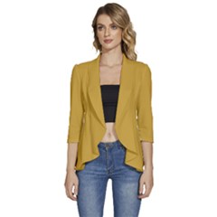 Lemon Curry Yellow	 - 	3/4 Sleeve Ruffle Edge Open Front Jacket by ColorfulWomensWear