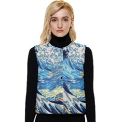 Starry Night Hokusai Vincent Van Gogh The Great Wave Off Kanagawa Women s Short Button Up Puffer Vest by Semog4