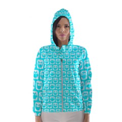 Aqua Turquoise And White Owl Pattern Women s Hooded Windbreaker by GardenOfOphir