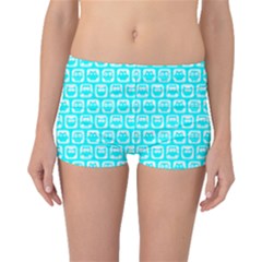 Aqua Turquoise And White Owl Pattern Boyleg Bikini Bottoms by GardenOfOphir