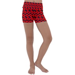 Charcoal And Red Peony Flower Pattern Kids  Lightweight Velour Yoga Shorts by GardenOfOphir