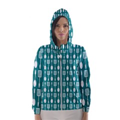 Teal And White Spatula Spoon Pattern Women s Hooded Windbreaker by GardenOfOphir