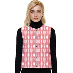 Coral And White Kitchen Utensils Pattern Women s Short Button Up Puffer Vest by GardenOfOphir