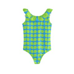 Blue Lime Leaf Pattern Kids  Frill Swimsuit by GardenOfOphir