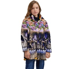 Skull With Flowers - Day Of The Dead Kid s Hooded Longline Puffer Jacket by GardenOfOphir