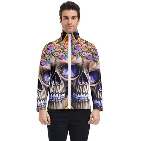 Skull With Flowers - Day Of The Dead Men s Bomber Jacket by GardenOfOphir