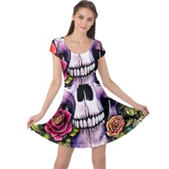 Sugar Skull With Flowers - Day Of The Dead Cap Sleeve Dress