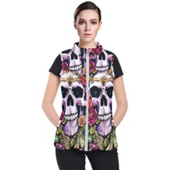 Sugar Skull With Flowers - Day Of The Dead Women s Puffer Vest by GardenOfOphir