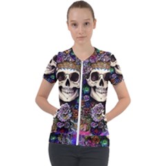 Dead Cute Skull Floral Short Sleeve Zip Up Jacket by GardenOfOphir