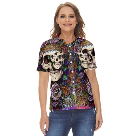 Dead Cute Skull Floral Women s Short Sleeve Double Pocket Shirt by GardenOfOphir