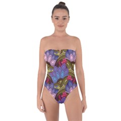 Purple Red And Green Flowers Digital Wallpaper Patterns Ornament Tie Back One Piece Swimsuit by Salman4z