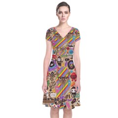 Multicolored Doodle Art Wallpaper Short Sleeve Front Wrap Dress