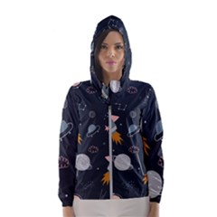 Space Background Illustration With Stars And Rocket Seamless Vector Pattern Women s Hooded Windbreaker by Salman4z