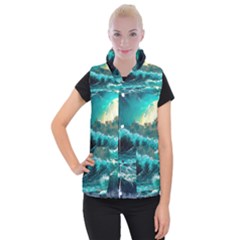 Tsunami Waves Ocean Sea Nautical Nature Water 5 Women s Button Up Vest by Jancukart