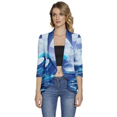 Waves Ocean Sea Tsunami Nautical 7 Women s 3/4 Sleeve Ruffle Edge Open Front Jacket by Jancukart