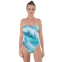 Tsunami Waves Ocean Sea Nautical Nature Water Tidal Tie Back One Piece Swimsuit by Jancukart