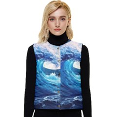 Tsunami Waves Ocean Sea Nautical Nature Water Moon Women s Short Button Up Puffer Vest by Jancukart