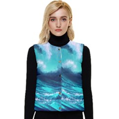 Tsunami Tidal Wave Ocean Waves Sea Nature Water Women s Short Button Up Puffer Vest