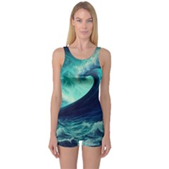 Waves Ocean Sea Tsunami Nautical One Piece Boyleg Swimsuit by Jancukart