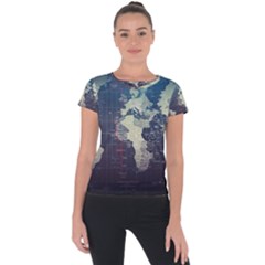 Vintage World Map Illustration Artwork Water Drop Digital Art Arts Short Sleeve Sports Top  by Sudheng