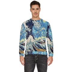 The Great Wave Of Kanagawa Painting Starry Night Van Gogh Men s Fleece Sweatshirt by Sudheng