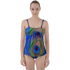 Blue Peacock Feather Twist Front Tankini Set by Amaryn4rt