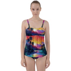 Ai Generated Tropical Island Sunset Landscape Twist Front Tankini Set by Wegoenart