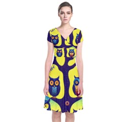 Owl Animal Cartoon Drawing Tree Nature Landscape Short Sleeve Front Wrap Dress