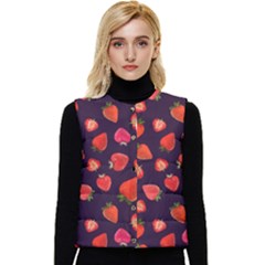 Strawberry On Black Women s Short Button Up Puffer Vest by SychEva