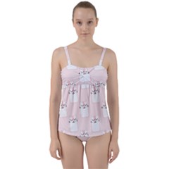 Pattern Pink Cute Sweet Fur Cats Twist Front Tankini Set by Salman4z