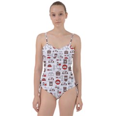 Vector Thin Line Art Vet Seamless Pattern Sweetheart Tankini Set