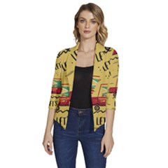 Childish-seamless-pattern-with-dino-driver Women s Draped Front 3/4 Sleeve Shawl Collar Jacket by Salman4z