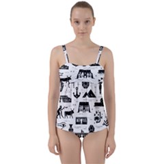 Dark-seamless-pattern-symbols-landmarks-signs-egypt --- Twist Front Tankini Set by Salman4z