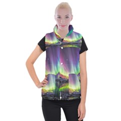 Aurora Borealis Polar Northern Lights Natural Phenomenon North Night Mountains Women s Button Up Vest by B30l