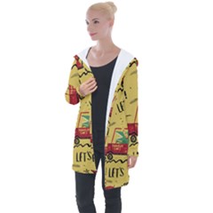Childish-seamless-pattern-with-dino-driver Longline Hooded Cardigan by Vaneshart