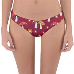 Woodland Mushroom And Daisy Seamless Pattern On Red Background Reversible Hipster Bikini Bottoms by Wav3s