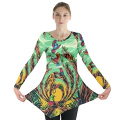 Monkey Tiger Bird Parrot Forest Jungle Style Long Sleeve Tunic  by Grandong