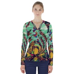 Monkey Tiger Bird Parrot Forest Jungle Style V-neck Long Sleeve Top by Grandong