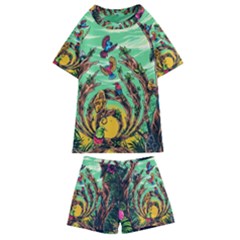 Monkey Tiger Bird Parrot Forest Jungle Style Kids  Swim Tee And Shorts Set by Grandong