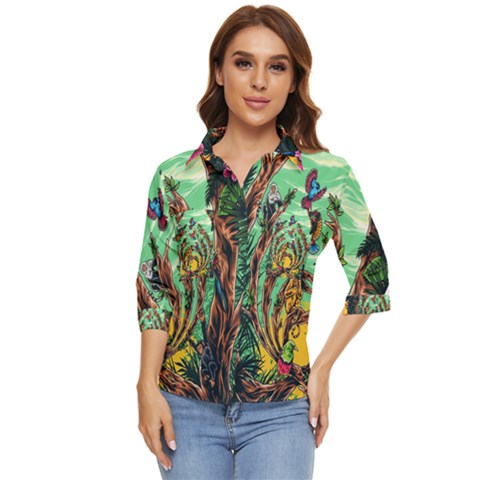 Monkey Tiger Bird Parrot Forest Jungle Style Women s Quarter Sleeve Pocket Shirt by Grandong