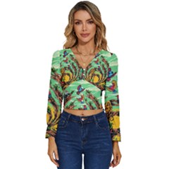 Monkey Tiger Bird Parrot Forest Jungle Style Long Sleeve V-neck Top by Grandong