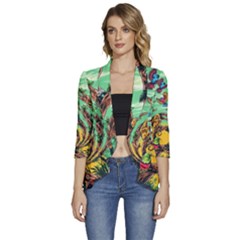 Monkey Tiger Bird Parrot Forest Jungle Style Women s 3/4 Sleeve Ruffle Edge Open Front Jacket by Grandong