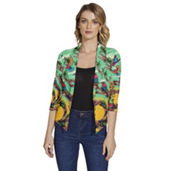 Monkey Tiger Bird Parrot Forest Jungle Style Women s Draped Front 3/4 Sleeve Shawl Collar Jacket by Grandong
