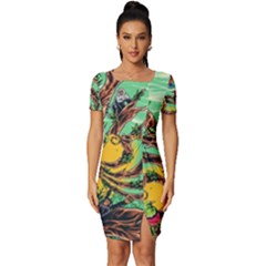 Monkey Tiger Bird Parrot Forest Jungle Style Fitted Knot Split End Bodycon Dress by Grandong