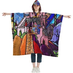 Beauty Stained Glass Castle Building Women s Hooded Rain Ponchos by Cowasu