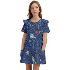 Cat Cosmos Cosmonaut Rocket Kids  Frilly Sleeves Pocket Dress by Cowasu