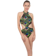 Peacock Feathers Color Plumage Halter Side Cut Swimsuit by Celenk