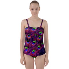 Peacock Feathers Color Plumage Twist Front Tankini Set by Celenk